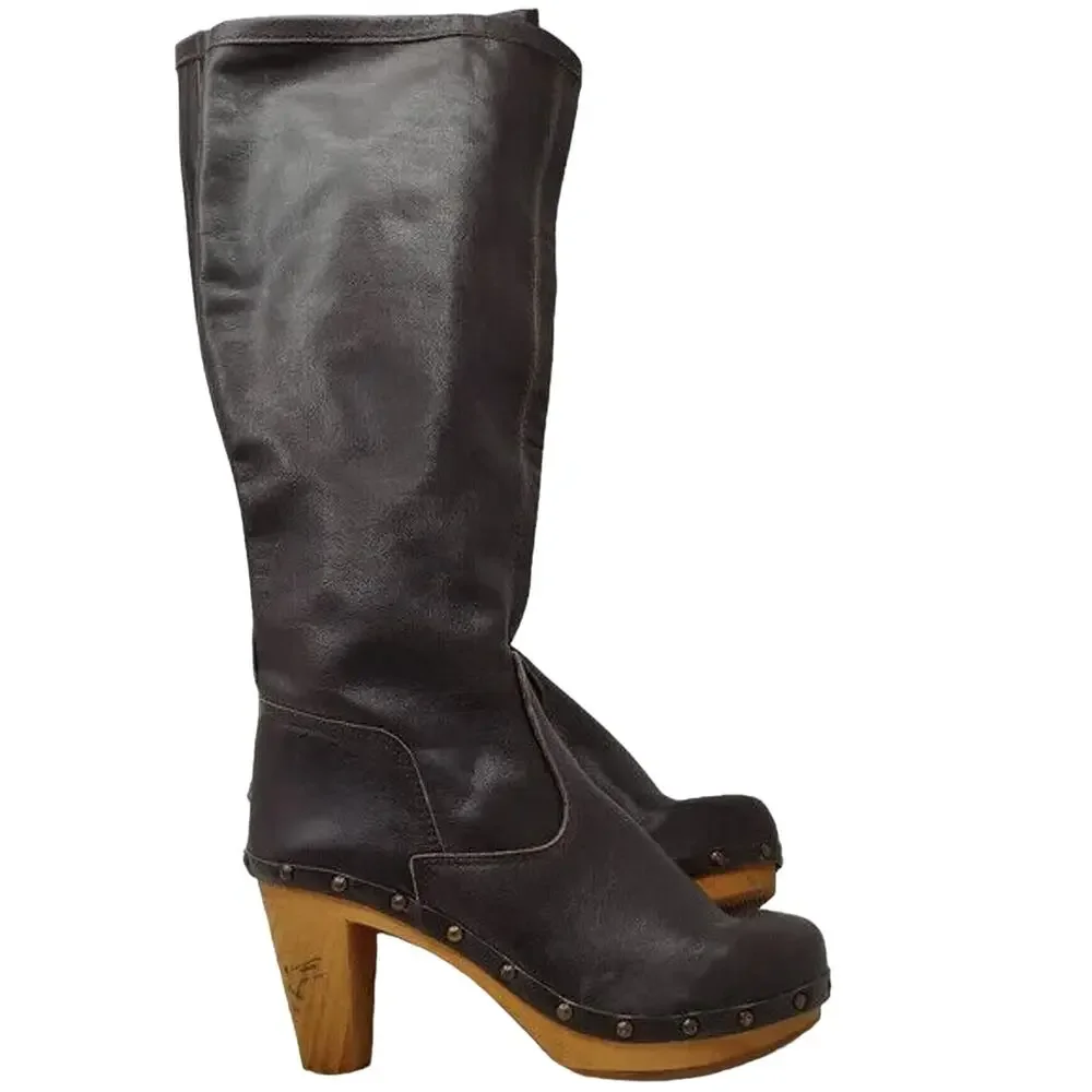 Brown Leather Knee High Clog Boots by sanita Size 6.5